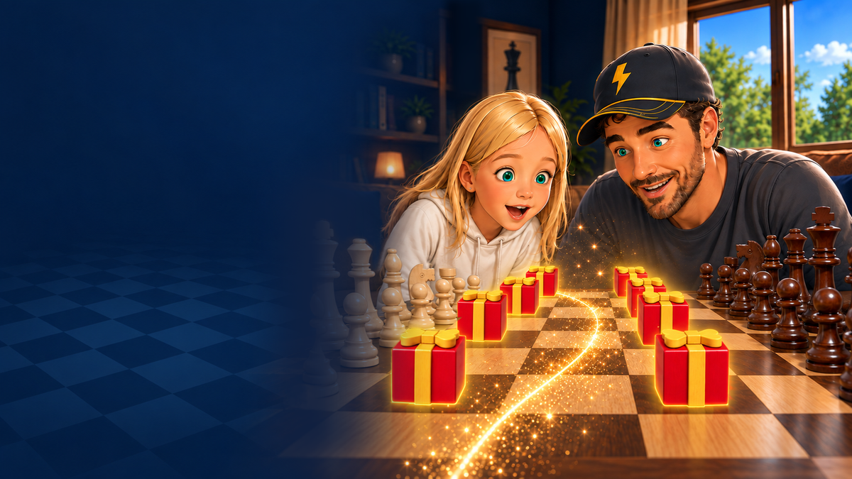 Finding Chess brand artwork featuring Charlie, Dad and their magical family chess game